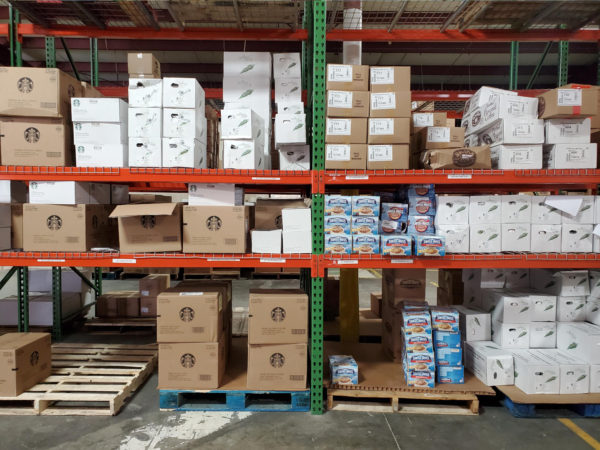 Pallet rack with product on the shelves.