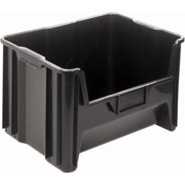 Medium sized black, Stack-n-Store bin by Quantum Storage Systems.