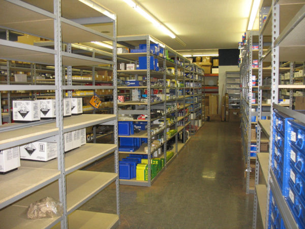 Rivet shelving filled boxes and other products.