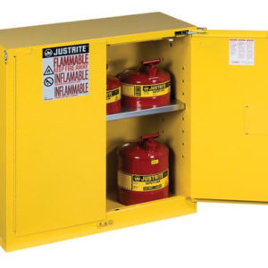 30 gallon safety cabinet that has one door open, containing 1 shelves and has a yellow finish, by Justrite.