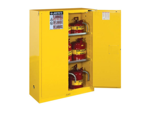 45 gallon safety cabinet that has one door open, containing 2 shelves and has a yellow finish, by Justrite.