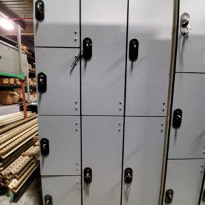 Used four and two-tier phenolic lockers with a gray finish.