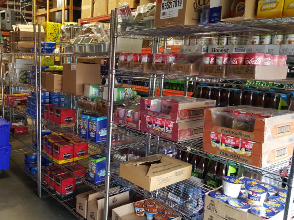 Wire shelving filled with product.