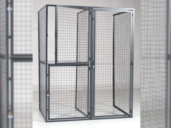 Wire partition cage with the top left door open and bottom left and right door closed, by Wirecrafters.