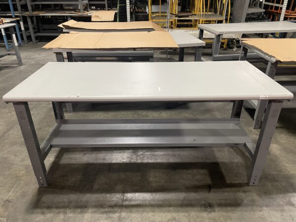 Multiple used workbenches with adjustable legs