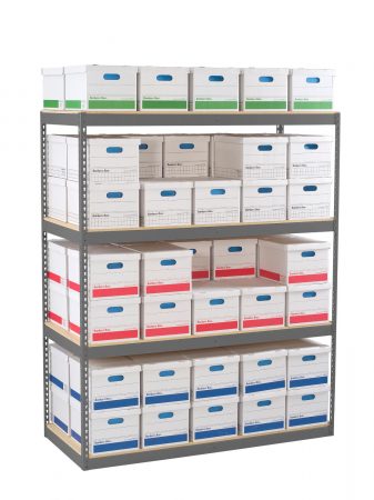 Tennsco record shelving, 4 tiers, large width.